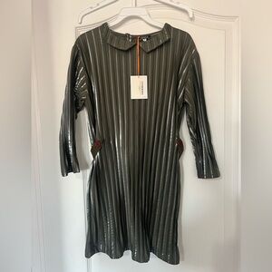 Issey Miyake Olive and Silver Pleated Dress